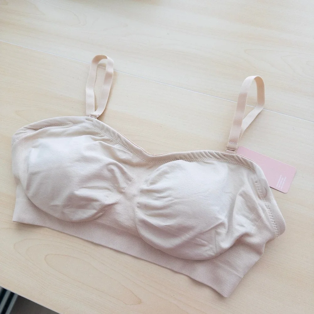 Feelingirl Womens Strapless‎ Seamless Bra Large Beige Wireless Straps Comfort